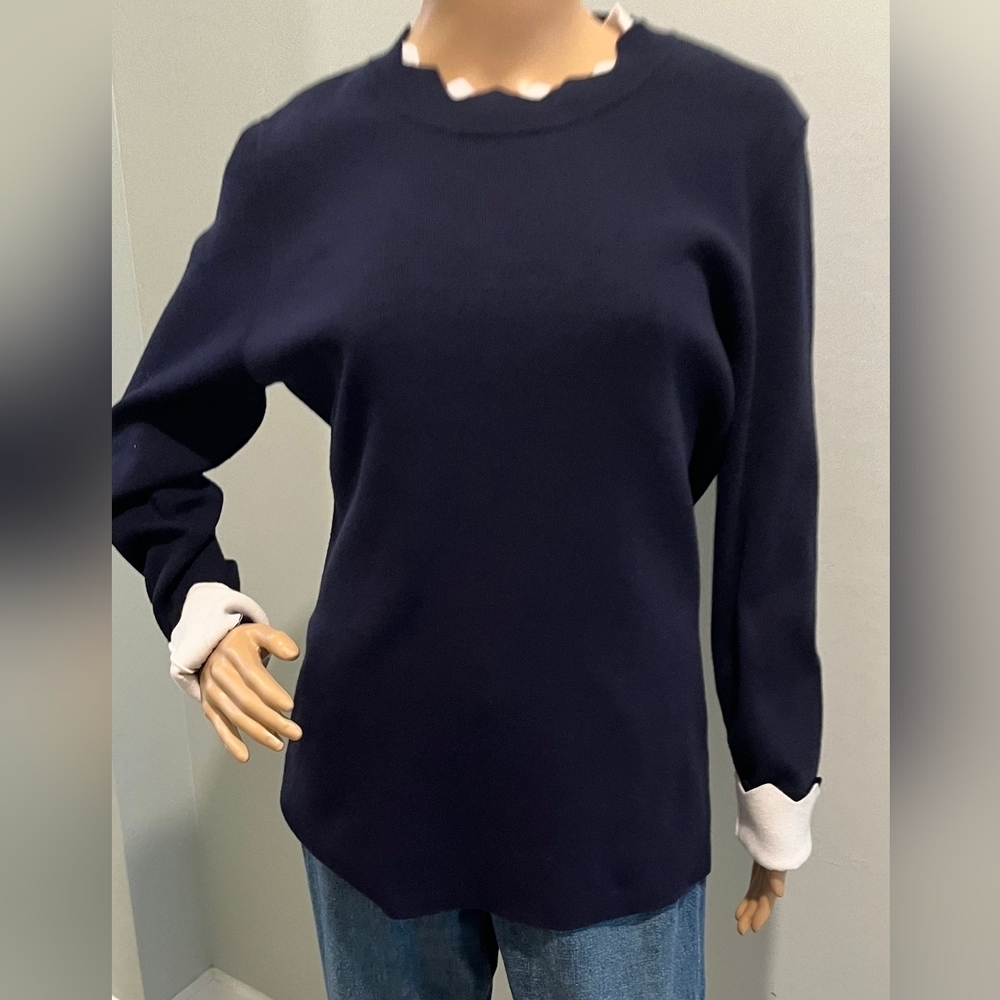 Golbary Navy & White Wave Open Lattice Sweater Knit Tunic Top Size L N… - Picture 2 of 13